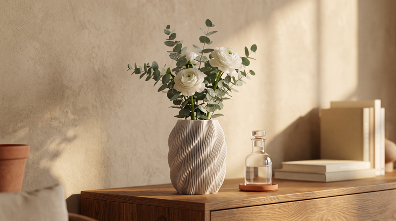 LAYRS SWAY Vase mit Eukalyptus und frischen Blumen – 3D-gedruckt, mit wasserdichtem PETG-Einsatz