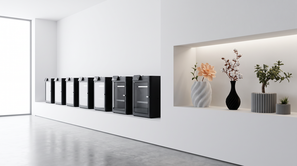 Modernes 3D-Druck-Studio von LAYRS – Druckerreihe und Vasen im Regal, gefertigt in Österreich