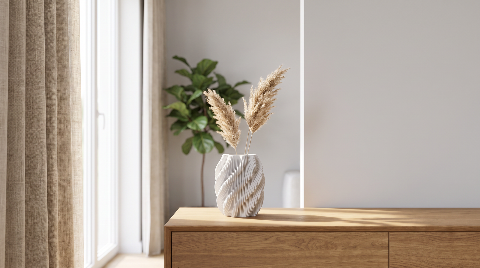 LAYRS SWAY Vase in modernem, minimalistischem Wohnzimmer auf Holzkonsole